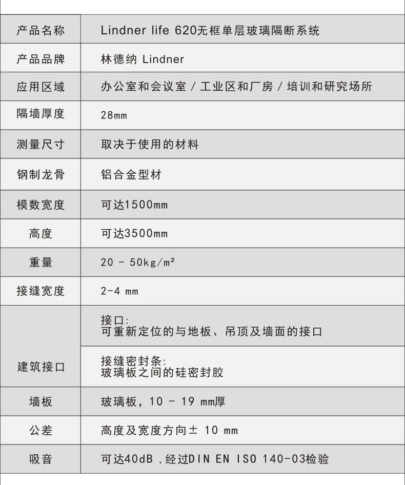 林德納單層玻璃隔斷參數(shù)